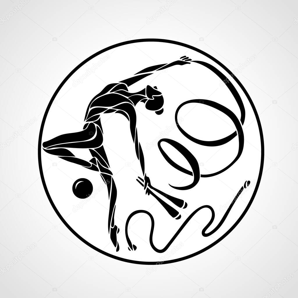 Rhythmic gymnastics logo. Gymnastic girl in a circle with hoop, clubs, a ribbon, skipping rope and a ball