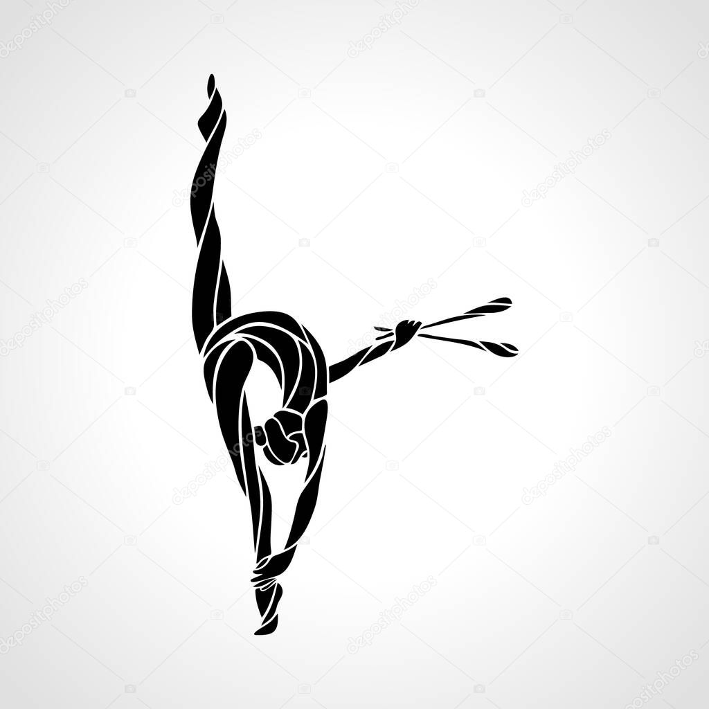 Silhouette of art rhythmic gymnastic girl with clubs