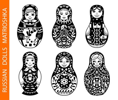 Rus geleneksel iç içe bebek (matryoshka) kümesi. Siyah beyaz resim. Stil tasarım şablonu.  