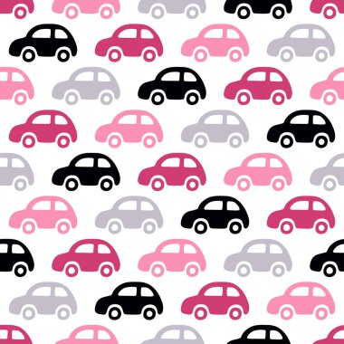 Doodle araba arka plan. Vektör sorunsuz bebek çocuk modeli. Doku duvar kağıdı, dolgular, web sayfası arka planı için.