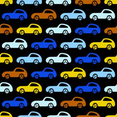 Doodle araba arka plan. Vektör sorunsuz bebek çocuk modeli. Doku duvar kağıdı, dolgular, web sayfası arka planı için.