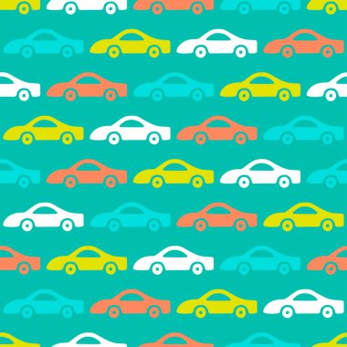 Doodle araba arka plan. Vektör sorunsuz bebek çocuk modeli. Doku duvar kağıdı, dolgular, web sayfası arka planı için.