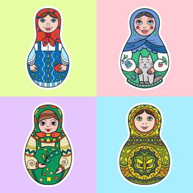 Rus geleneksel iç içe bebek (matryoshka) kümesi. Stil tasarım şablonu.  