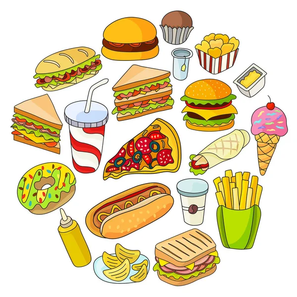 Set Fast Food Icons Vector Illustration Your Cute Design — Stock Vector