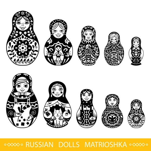 Conjunto Muñecas Rusas Tradicionales Anidadas Matryoshka Ilustración Blanco Negro Plantilla Vector De Stock