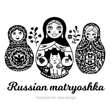 Rus geleneksel iç içe bebek (matryoshka) kümesi. Siyah beyaz resim. Stil tasarım şablonu.  