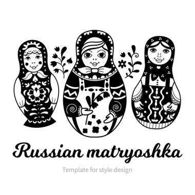 Rus geleneksel iç içe bebek (matryoshka) kümesi. Siyah beyaz resim. Stil tasarım şablonu.  