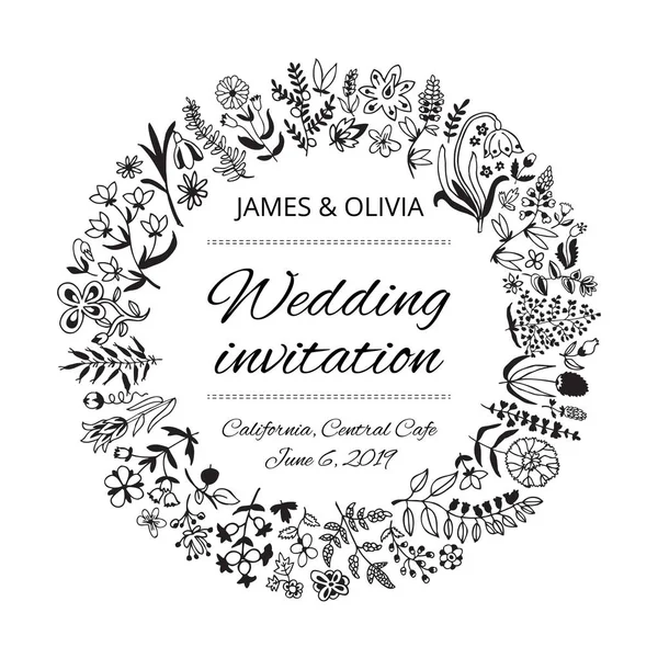 Modelo Cartão Convite Casamento Com Flores Plantas Ilustração Vetorial Para — Vetor de Stock
