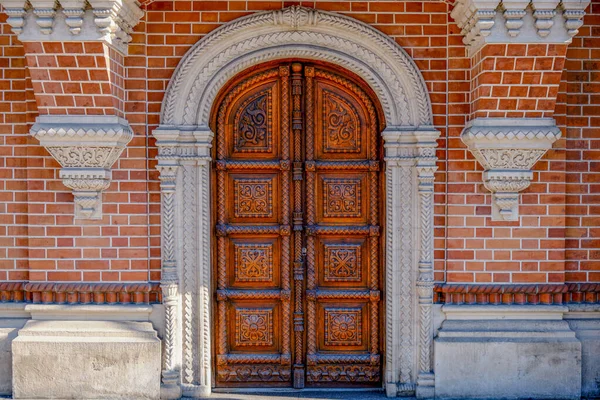 Old door in Russian style. Vintage door of Igumnov house. Ancient mansion, old palace in center of Moscow city, Russia. French embassy. Moscow landmark, monument