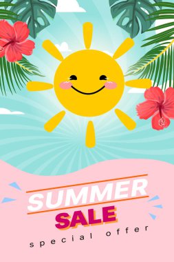 Yaz indirimi dikey afişi, gülümseyen güneş, amber çiçeği, yeşil palmiye, bulutlar, pembe ve mavi pastel, karikatür özel teklifi