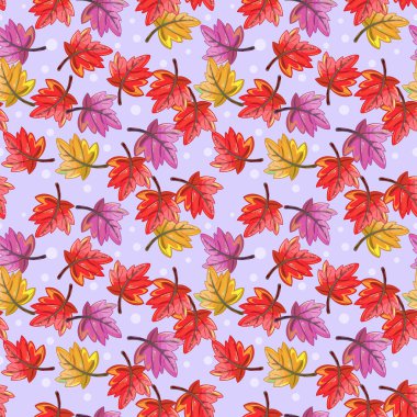 Kusursuz sonbahar yaprağı deseni, kırmızı, turuncu, sarı, mor yapraklar, leylak arkaplan, mevsimlik çizgi film, tekrarla