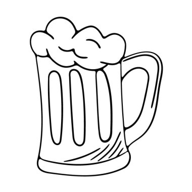 Köpüklü bira bardağı, klasik taslak tarzı. El yapımı vektör, Alman içeceği, bira fabrikası veya bar için şenlikli element