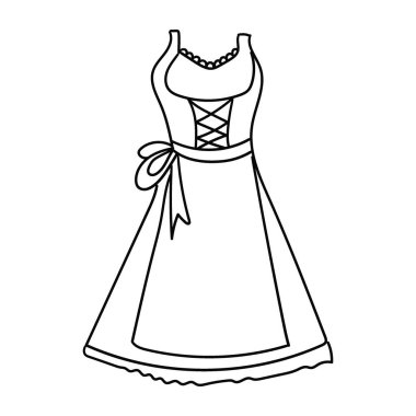 Geleneksel Dirndl elbise vektör çizimi, Oktoberfest için ayrıntılı taslak. Klasik Alman kostümü, şık halk modası unsuru.