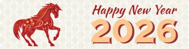 Mutlu yıllar 2026 afişi, kırmızı at, lüks altın metin, klasik Asya modeli. Kutlama unsuru, kültürel refah tasarımı.