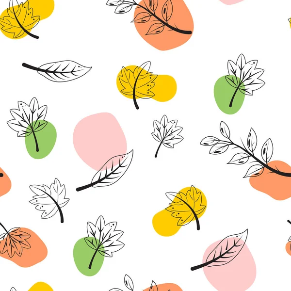Soyut karalama şekilleri ve parlak renkleri olan kusursuz sonbahar yaprağı deseni. Tekstil için dekoratif yaprak tekrarlama tasarımı