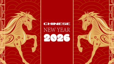 Orta panelde iki altın atlı bayrak, Çin Yeni Yıl 2026 unvanı, kırmızı desenli arka plan, süslü kenarlar.
