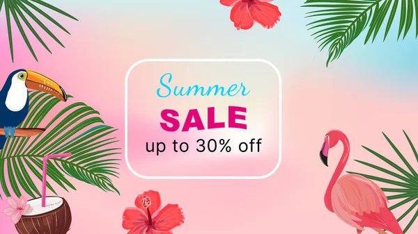 Yaz tropik satışı afişi,% 30 indirimli, tukan, flamingo, palmiye yaprakları, hindistan cevizi içeceği, pembe çiçek.