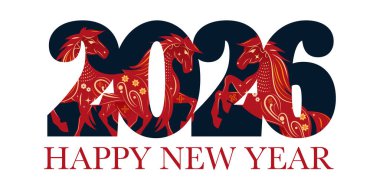 Madalyalı kırmızı atlarla dolu 2026 haneli rakamlar, altında cesur yeni yıl tipografisi