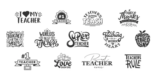 Felice giorno insegnanti lettering e tipografia citazione. I migliori badge per insegnanti al mondo per regali, design, biglietti vacanza e stampa . — Vettoriale Stock