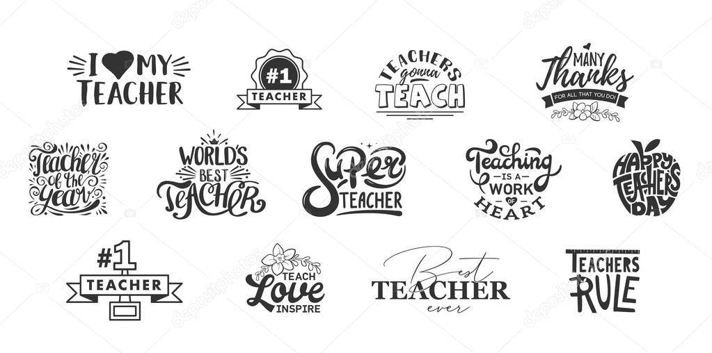 Happy teachers day lettering and typography quote. World best teacher badges for gift, design holiday cards and print. Vector school gratitude labels. Thank you photo overlays illustration