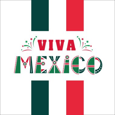 Viva Meksika, Ulusal Meksika ifade tatil, Tipografi vektör çizim bayrak renkleri, fireworks ile süsler.
