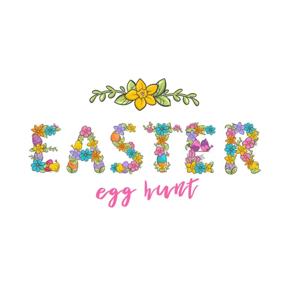 Easter egg hunt, Christian church festival card with flower letters font. Spring holiday on Resurrection Sunday.