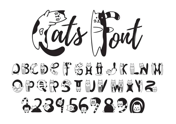 Fonte Chats, alphabet noir et blanc mignon, chiffres — Image vectorielle