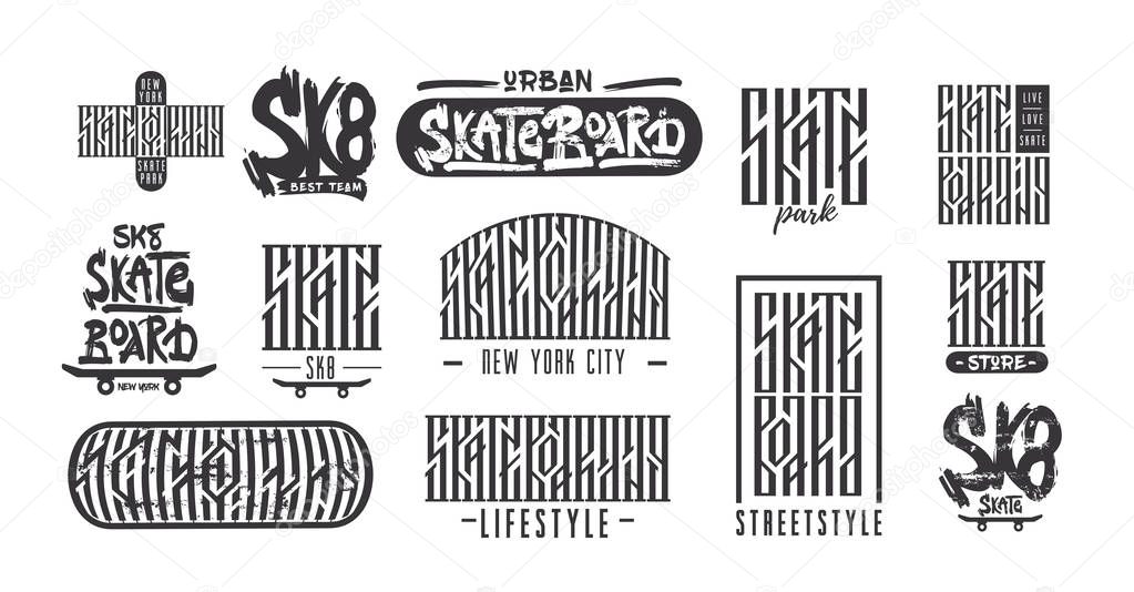 Skateboarding typography t-shirt design. Urban freestyle skating. Vector set vintage illustration. Grunge skateboard logo. Sport for print on the poster, banner, flyer, postcard or souvenirs activity