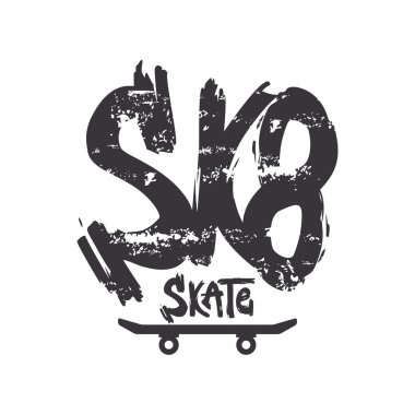 Sk8 grunge eski okul vektör yazı. Kuru boya fırça inme kaykaycı slogan. Siyah mürekkep doku ifadesi smear. Tipografi ile paten tahtası.