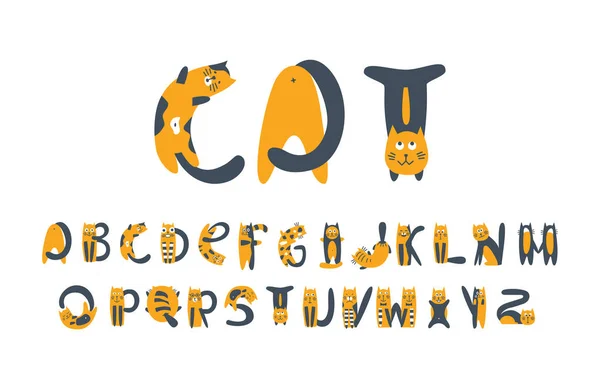 Katzen flache Vektorschrift. Kätzchen Karikatur stilisiertes Alphabet fette Symbole. — Stockvektor