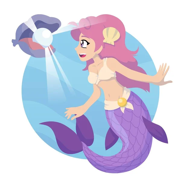 Cartoon Mermaid Finding Shiny Pearl — Stock Vector