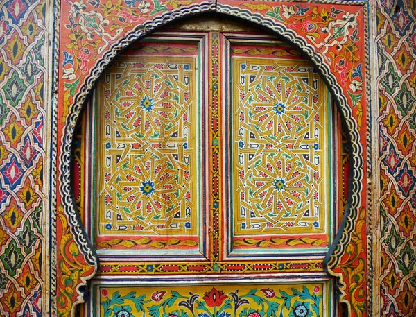 Puerta Tradicional Intrincadamente Modelada Pintada Colores Fez Morocco Los Patrones —  Fotos de Stock
