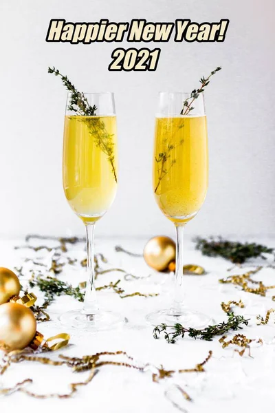 Happy New Year 2021 Positive Message Two Glasses Champagne Toast — стоковое фото