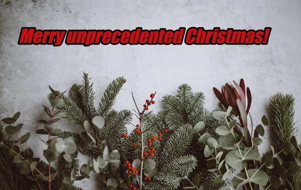 Merry Unprecedented Christmas Positive Message 2020 Pandemic Feestelijke Planten Kopieer — Stockfoto