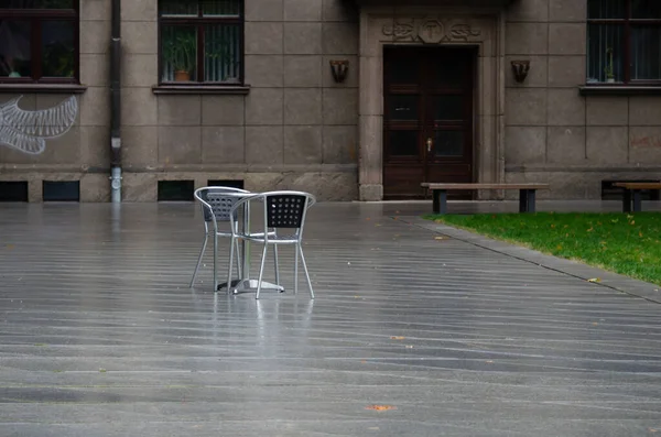 Üres Asztalok Belvárosban Világjárvány Karantén — Stock Fotó