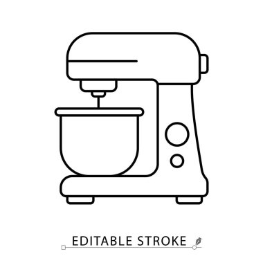 Kase ve kontrol düğmeleri ile karıştırıcı ikonu dur. Hamur veya hamuru karıştırmak için elektrikli mutfak gereçleri, asgari çizgi biçimi, modern yemek hazırlama aracı illüstrasyonu