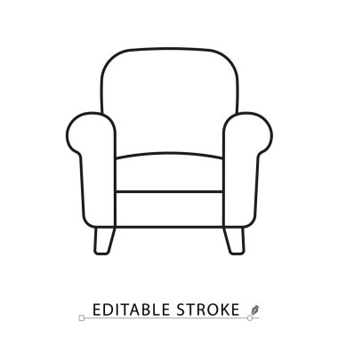 Minimalist tarzda düzenlenebilir bir koltuk ikonu. Oturma odası mobilyası sembolü, rahat koltuk unsuru, iç mekan nesnesi, ev dekorasyonu konsepti, rahatlama piktogramı, şezlong tasarımı.