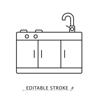 Minimalist taslak şeklinde düzenlenebilir felçli mutfak ikonu. Ev eşyaları, mutfak deposu, lavabolu dolap, musluk, yemek pişirme alanı, ev dekorasyonu, modern mobilya elementi.