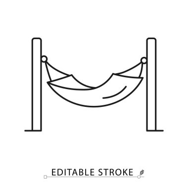 Minimalist tarzda düzenlenebilir bir hamak ikonu. Açık hava mobilyaları, rahatlama öğesi, yaz dekorasyonu, eğlence tasarımı, bahçe aksesuarı, tropikal dinlenme, tatil sembolü, konfor koltuğu