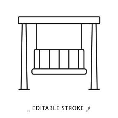 Minimalist tarzda düzenlenebilir bir salıncak ikonu. Açık hava mobilyaları, bahçe koltuğu, veranda dekoru, gevşeme elementi, ahşap salıncak, konfor koltuğu, boş zaman tasarımı, arka bahçe sembolü.