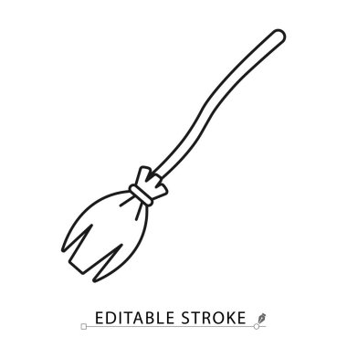 Düzenlenebilir darbeyle minimalist çizgi şeklinde bir cadı süpürgesi ikonu. Cadılar Bayramı sihirli sembolü, cadılık taşıması, fantezi uçan nesne, büyü aleti, ürkütücü peri masalı unsuru, besom konsepti.