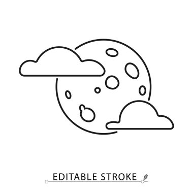 Dolunay bulutların simgesiyle minimalist çizgi şeklinde düzenlenebilir bir vuruş. Gece gökyüzü sembolü, Cadılar Bayramı havası, ürkütücü ay ışığı, astronomi nesnesi, ay döngüsü, mistik gece yarısı sahnesi.