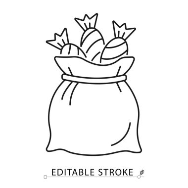 Şekerleme torbası ikonu, minimalist çizgi tarzında, düzenlenebilir felçli. Cadılar Bayramı şaka mı şeker mi çuvalı, şeker kesesi, tatlı tatlı, bayram hediyesi, parti kutlaması yemeği, çikolata hediye konsepti