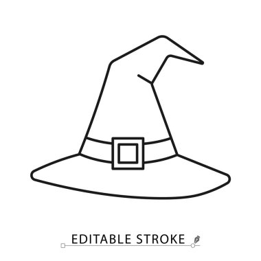A witch hat icon in a minimalist line style with editable stroke. Halloween costume accessory, magic wizard headwear, spooky sorcery element, fantasy party clothing, witchcraft garment concept