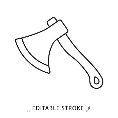 An axe icon in a minimalist line style with editable stroke. Lumberjack tool, firewood chopper, camping equipment, wood cutting instrument, survival gear, sharp blade concept, forestry symbol