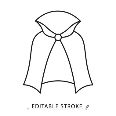 Bir vampir pelerin ikonu, minimalist çizgi tarzında, düzenlenebilir felçli. Drakula kostümü, gotik pelerin, Cadılar Bayramı partisi kıyafeti, fantezi kötü adam kıyafeti, korku canavarı manto, karnaval aksesuarı.