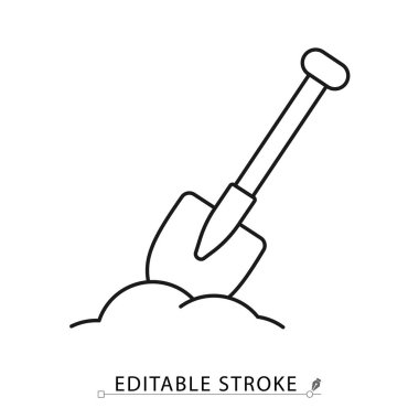 Yer ikonunda minimalist tarzda düzenlenebilir bir kürek. Bahçe aletleri, kazı aletleri, inşaat işleri sembolü, tarım aleti, toprak kazma, toprak işleri kavramı