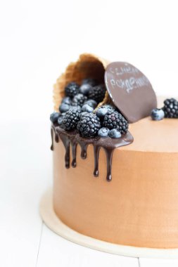 Çikolata damlalı kahverengi pasta ve üstünde waffle külahı olan böğürtlen.