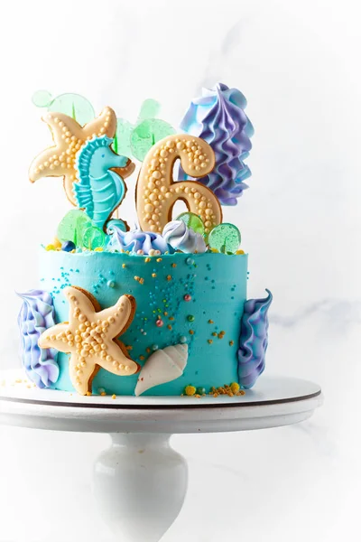 Blue Turquoise Birthday Cake Digit Six Sea Theme Seashells Sea — Stock Photo, Image
