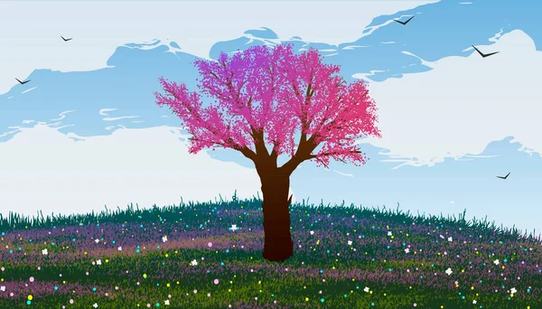 Virágzó fa egy dombon virágokkal és pillangókkal. Madarak repülnek a felhőkben. — Stock Vector